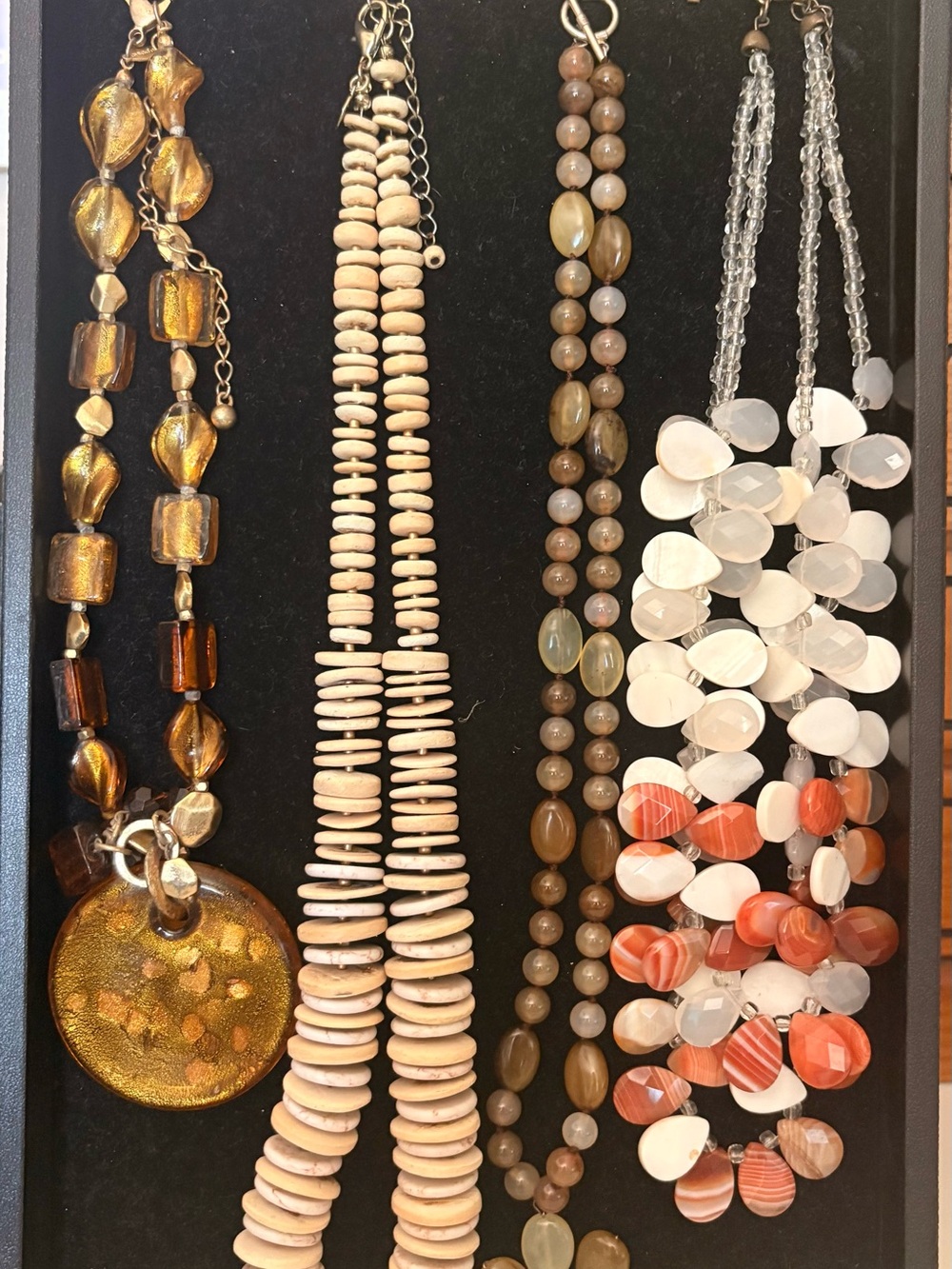 Lot of 4 Multi-Strand Necklace Set in Gold, Beige, Brown & Orange